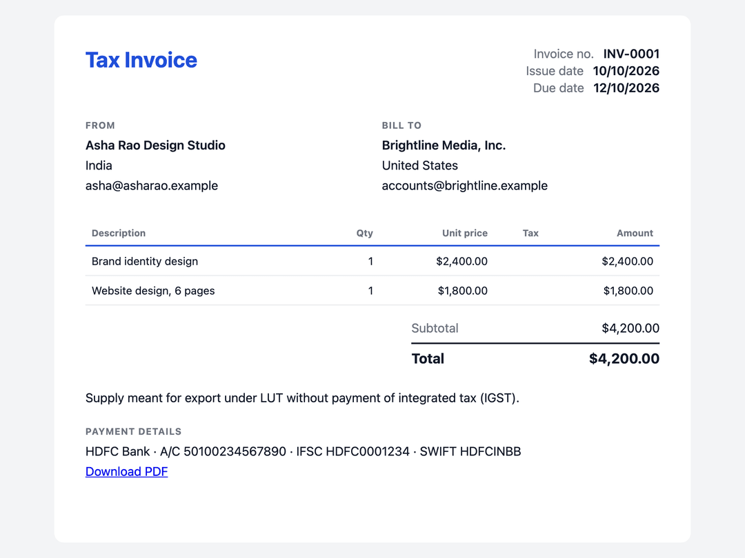 The invoice as the client sees it in their browser, with a PDF download